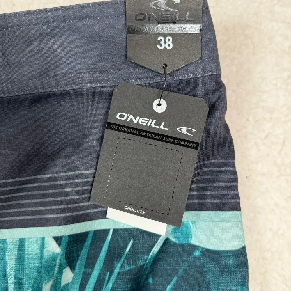 ONeill NWT Mens‎ Board Shorts 38 Teal Grey Tropical Palm Stripe Swim Trunks 20in
